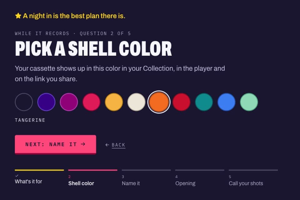 The recording screen asking which shell color the tape should be